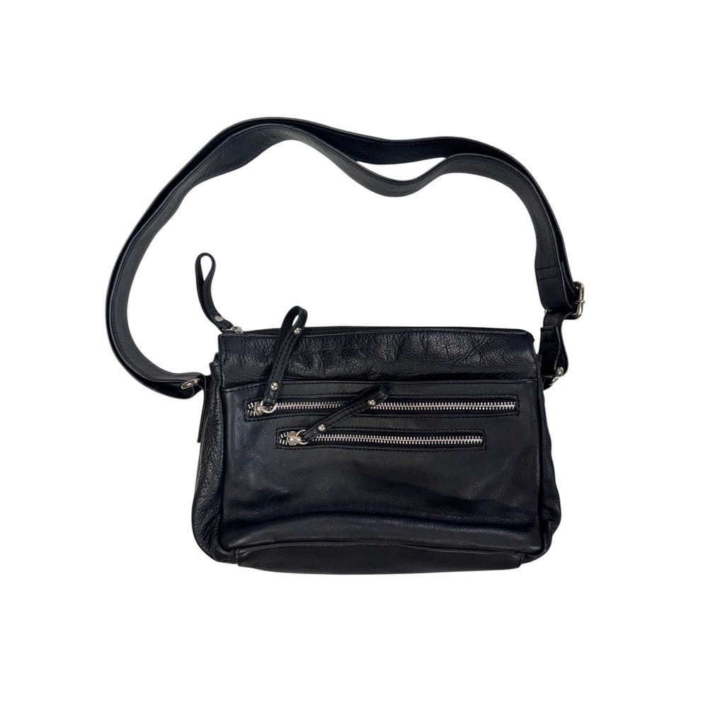 Great American Leather Works Black Pebbled Leather Crossbody Bag Multi-Zip